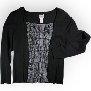 Chico's Front Ruffle Black Layered‎ Look Sweater Snakeskin Pattern Sz 2 Large 12